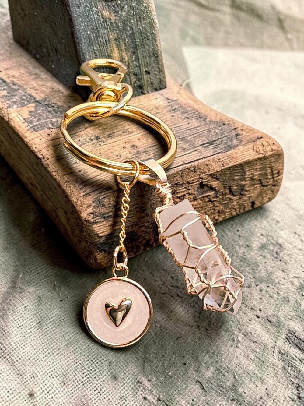 Gold-Tone Keyring with Rose Quartz Crystal and Pink Heart Charm